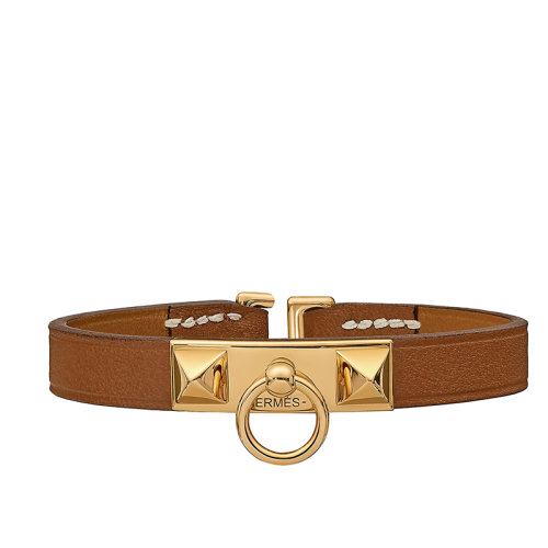 HERMES/愛馬仕 Rivale系列 mini金棕色小牛皮飾金色黃銅吊環手鐲手環H081181CC37