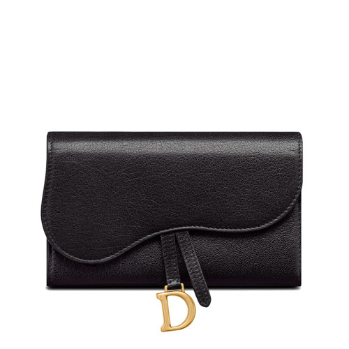 DIOR/迪奧  SADDLE系列 女士黑色山羊皮薄款三折鞍形翻蓋長款錢包S5680CCEH_M900