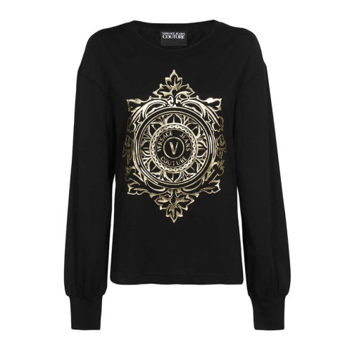 VERSACE JEANS/范思哲牛仔 女士黑色棉質印花裝飾圓領長袖上衣衛衣套頭衫 71HAHF05-CJ00F-G89