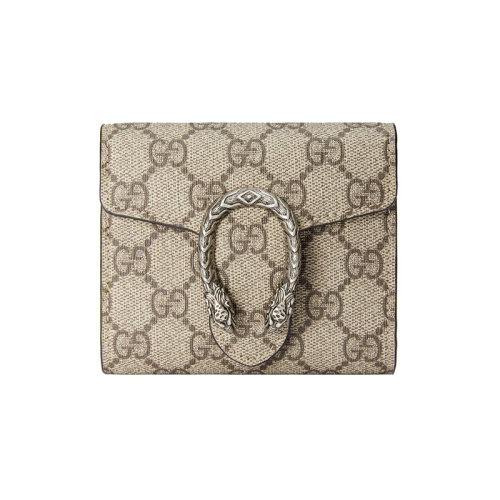 GUCCI/古馳 新款Dionysus系列女士馬蹄扣棕色GG Supreme帆布卡夾錢包 627073KHNSN8642