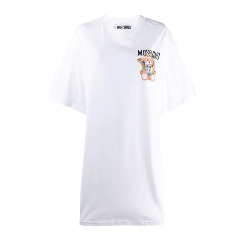 MOSCHINO/莫斯奇諾 女士白色棉質經典字母徽標小熊圖案印花短袖連衣裙 V0445-0440-1001