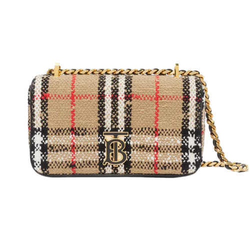 BURBERRY/博柏利 22新款 Lola Vintage系列 女士迷你棕色圈圈棉/羊毛混紡格紋圖案翻蓋磁扣開合拋光金屬單肩斜挎包80630831