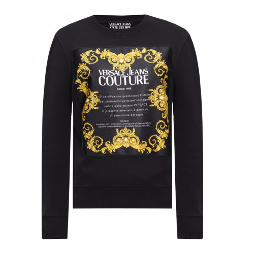 VERSACE JEANS/范思哲牛仔 女士黑色棉質經典字母徽標印花裝飾圓領長袖上衣衛衣套頭衫 B6HWA7FE-30453-899