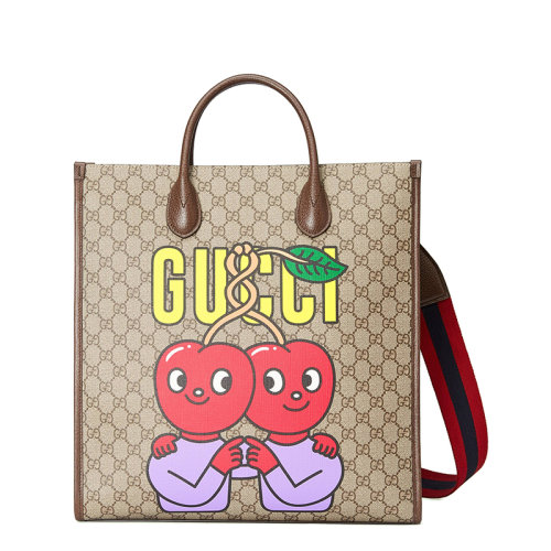 GUCCI/古馳 22新款 女士米色/烏木色帆布配棕色皮革細節擁抱櫻桃畫作印花單肩手提包703264U2QAG8839