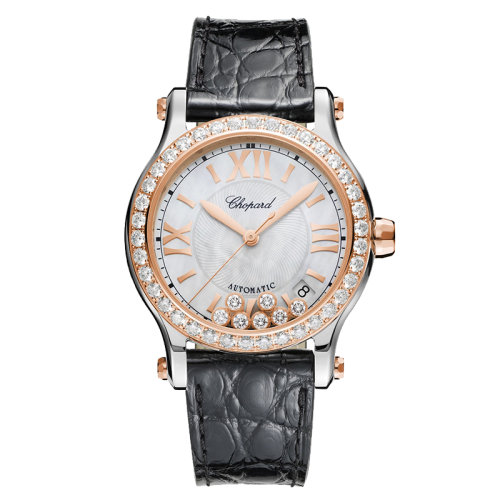  Chopard/蕭邦  Happy Sport系列 自動機械表精鋼玫瑰金鑲鉆表殼黑色閃亮鱷魚皮表帶女表36毫米278559-6006