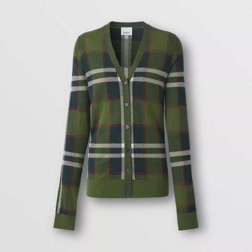  BURBERRY 22年秋冬 女士 格紋嵌花絲棉混紡羊毛開衫 80558371
