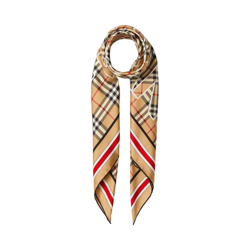 BURBERRY/博柏利 女士米色格紋徽標(biāo)印花方巾絲巾圍巾 8039564