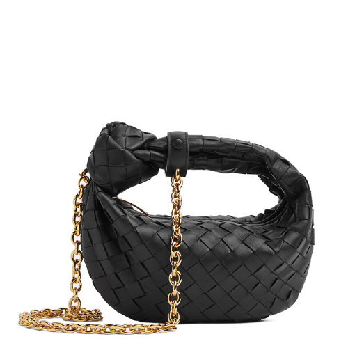 Bottega Veneta/葆蝶家 22新款Mini Jodie系列 女士黑色Intrecciato編織羊皮革飾金色鏈條肩背手提包709562VCPP18425