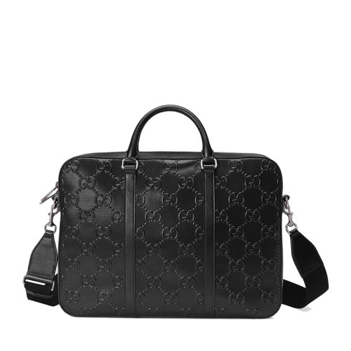GUCCI/古馳 21新款GG embossé系列 男士黑色雙G壓紋皮革單肩斜挎手提公文包電腦包6585731W3CN1000