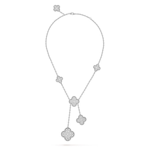 Van Cleef & Arpels/梵克雅寶 經典Magic Alhambra系列 18K金白金鑲嵌滿鉆6花四葉草項鏈VCARN9MP00