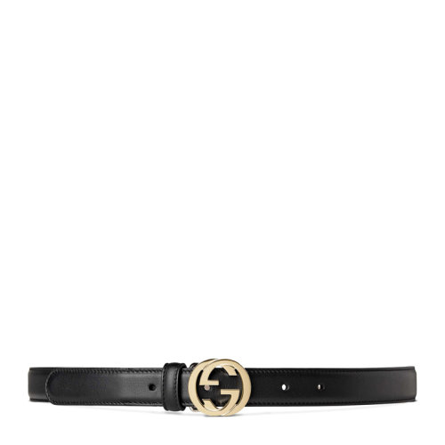 GUCCI/古馳 女士黑色皮革時尚雙G LOGO互扣式腰帶皮帶 370717-AP00G-1000