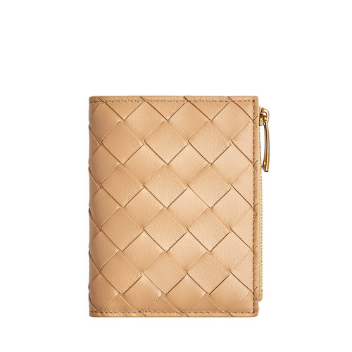 Bottega Veneta/葆蝶家 22春夏新款 女士杏仁色Intrecciato編織皮革雙折按扣錢包608059VCPP32700