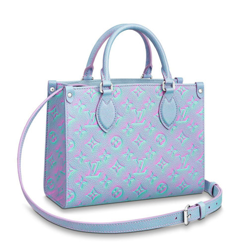 Louis Vuitton/路易威登 22新款ONTHEGO系列 女士小號丁香紫/淺藍(lán)色噴繪效果老花壓印粒面牛皮革銀扣配可拆卸肩帶單肩手提托特包M46067