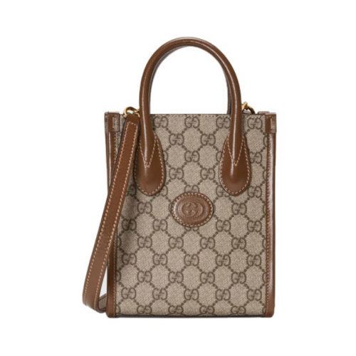 GUCCI|古馳 GG Retro 老花logo 皮革徽標(biāo) 帆布拼皮 托特包 單肩斜挎手提包 迷你