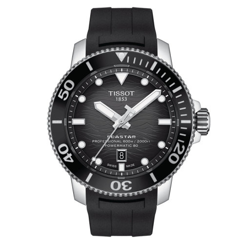 TISSOT/天梭 海星系列 男士漸變黑色表盤自動機械機芯精鋼表殼黑色橡膠表帶腕表46毫米T120.607.17.441.00