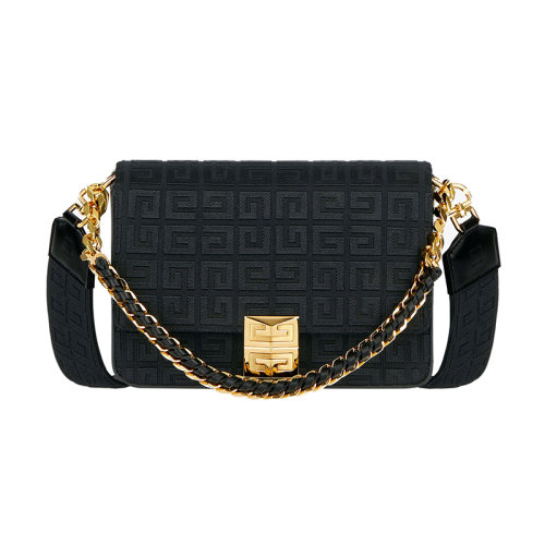 Givenchy/紀(jì)梵希 22新款 女士中號(hào)黑色刺繡壓花帆布配皮革金屬磁扣開(kāi)合拆卸帆布寬肩帶金屬鏈金色飾面單肩斜挎手提包BB50L1B18Z-001