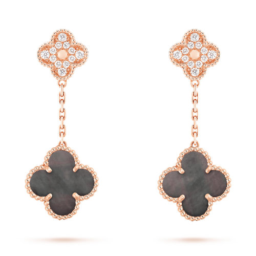 Van Cleef & Arpels/梵克雅寶 經典MagicAlhambra系列 18K金玫瑰金鑲嵌灰色珍珠母貝和鉆石 四葉草優雅耳環耳墜VCARP2R200