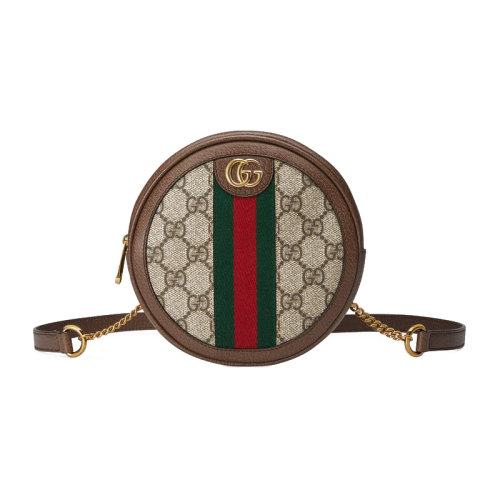 【香港】GUCCI/古馳 女包 Ophidia系列帆布拼接棕色皮革小圓餅雙肩背包鏈條迷你小包