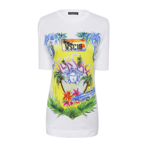 VERSACE/范思哲 女士白色棉質(zhì)經(jīng)典彩色字母徽標美杜莎頭像裝飾圓領上衣短袖T恤 A79096-A224838-A7017