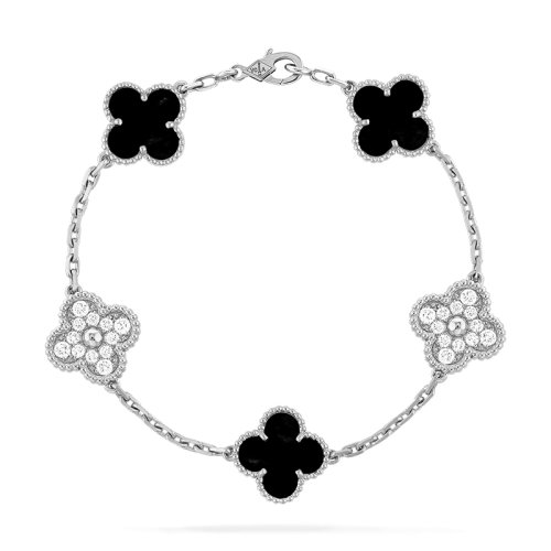 Van Cleef & Arpels/梵克雅寶 Vintage Alhambra經典系列 18K金白金鑲嵌鉆石和黑瑪瑙5花四葉草手鏈VCARP2R900