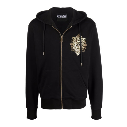 VERSACE JEANS/范思哲牛仔 男士黑色棉質(zhì)經(jīng)典字母徽標(biāo)裝飾拉鏈開合長(zhǎng)袖上衣外套連帽衫運(yùn)動(dòng)衫 71GAIF06-CF00F-G89