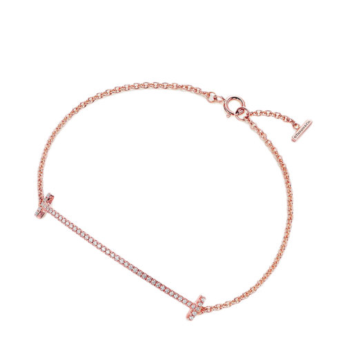Tiffany & Co./蒂芙尼 經(jīng)典Tiffany T 系列 18K金玫瑰金鑲嵌鉆石Smile微笑笑臉手鏈GRP09052