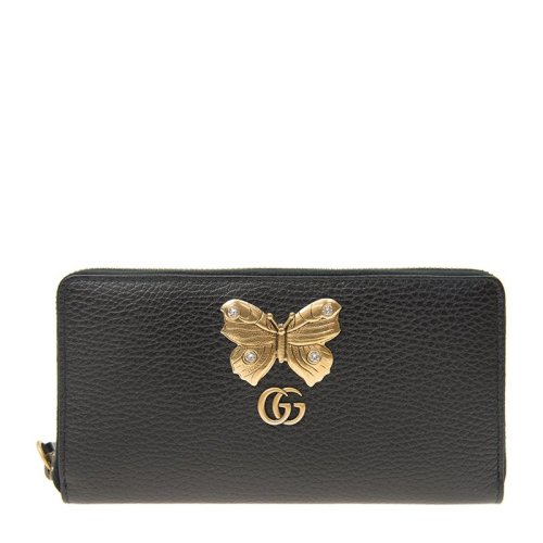 GUCCI 古馳  Animalier系列 女士黑色牛皮GG鑲水晶金色蝴蝶裝飾長款拉鏈錢夾錢包黑色