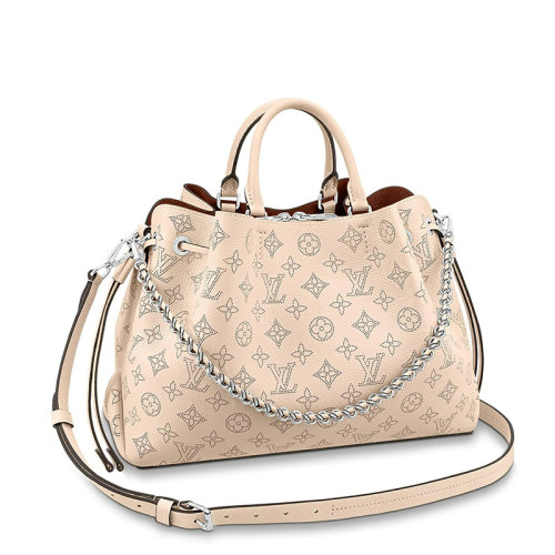 Louis Vuitton/路易威登 22春夏新款BELLA系列 女士奶油白牛皮革鏤刻穿孔老花裝飾銀扣銀鏈抽繩開合單肩斜跨手提鏈條包M59203