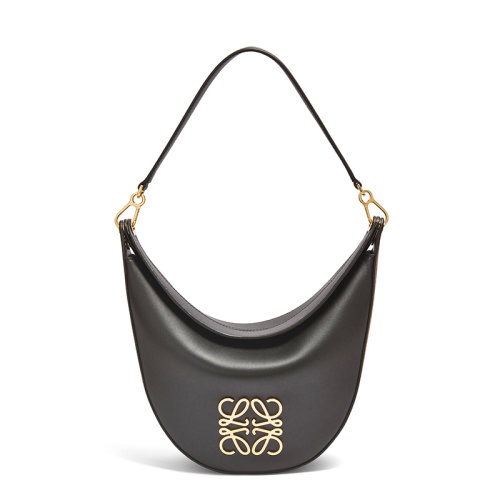 LOEWE/羅意威 23新款 Luna系列 女士中號黑色/棕色拼接緞面小牛皮金色標志半月形流浪單肩包A923PL9X15-9006