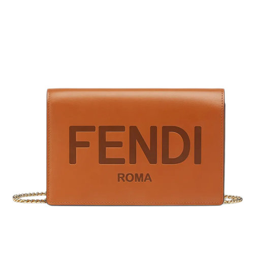 FENDI/芬迪  迷你棕色小牛皮“FENDI ROMA”印花鏈條單肩斜挎錢包8BS006AAYZF0QVK