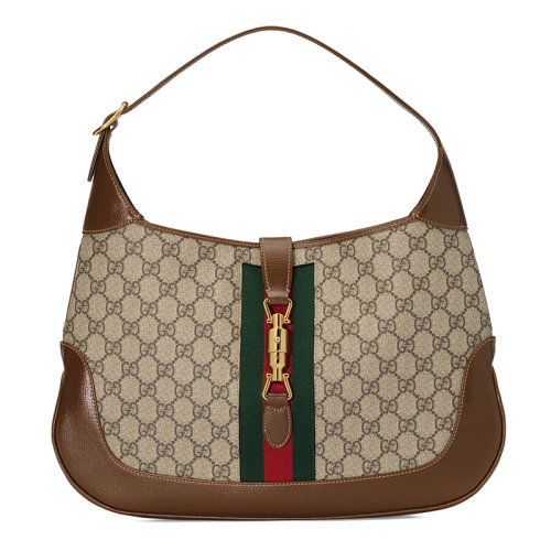GUCCI/古馳 1961 Jackie系列 中號棕色皮革拼接老花帆布手提單肩包636710HUHHG8565