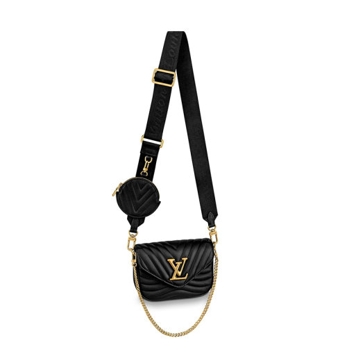 Louis Vuitton/路易威登 21新款 Louis Vuitton NEW WAVE系列 女士黑色絎縫光滑小牛皮翻蓋徽標可拆卸肩帶帶圓形錢包手提斜挎單肩包M56461