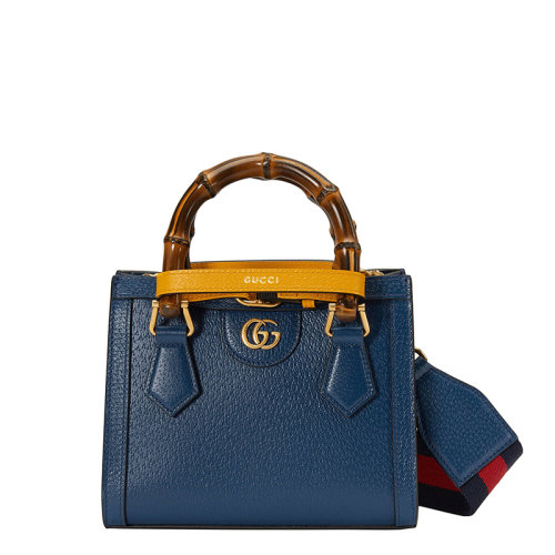 GUCCI/古馳 22春夏新款Diana系列 女士迷你藍色皮革竹節手柄橙黃色飾帶金扣手提單肩托特包702732U3ZDT4862