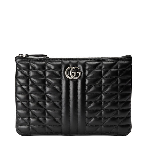 GUCCI/古馳  GG Marmont系列 女士黑色絎縫皮革復古銀飾雙G手拿包525541DTD6N1000