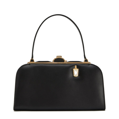 LOEWE/羅意威 22春夏新款Lantern系列 女士黑色小牛皮金扣配手電筒鏡子單肩手提盒子包 0010368314