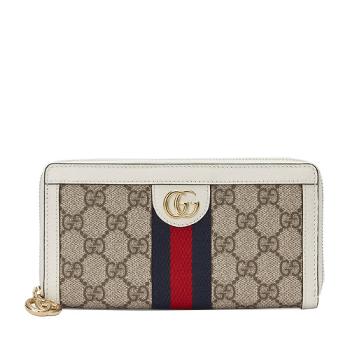 GUCCI/古馳 經(jīng)典款Ophidia系列 女士米色/烏木色老花帆布白色皮革滾邊拼接紅藍(lán)條紋織帶拉鏈長(zhǎng)款錢(qián)包52315496IWG9794