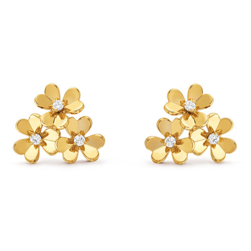 Van Cleef & Arpels/梵克雅寶 經典Frivole系列 18k金黃金鑲嵌鉆石3三瓣花朵迷你耳環VCARP2DV00