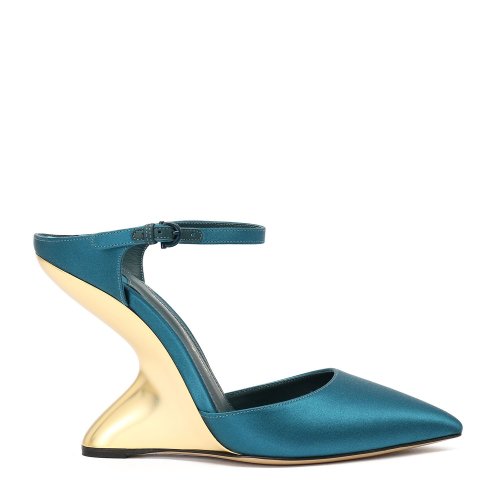 Salvatore Ferragamo/菲拉格慕 孔雀藍色 女士設計感尖頭坡跟涼鞋 694760-01N671-NATURNO-7EX5M