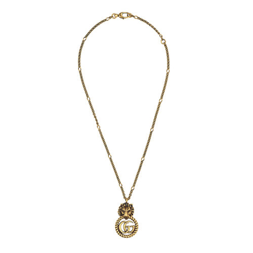GUCCI/古馳  金色金屬雙G吊墜獅子頭項鏈605864I46000933