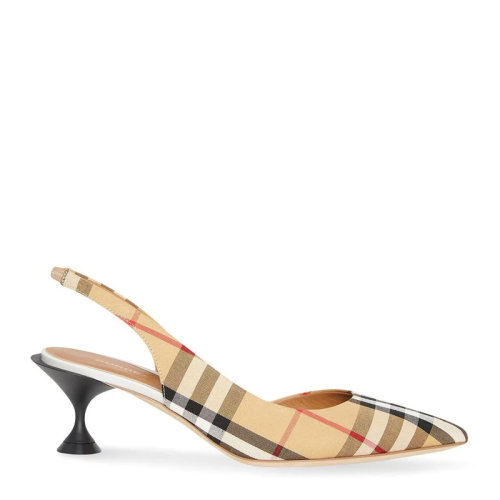 BURBERRY/博柏利 女士米色格紋棉質配皮露跟高跟鞋尖頭鞋涼鞋女鞋 8010964