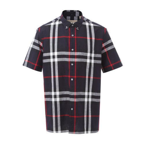 BURBERRY/博柏利 burberry服裝 棉麻混紡翻領格紋設計男士短袖襯衫 短襯 內搭 休閑上裝40154301