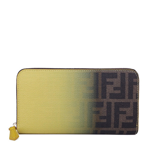 FENDI/芬迪 女士黃棕漸變色PVC配皮雙F印花拉鏈開(kāi)合長(zhǎng)款手拿包手包錢(qián)包女包 8M0299-W2C-F0P3V