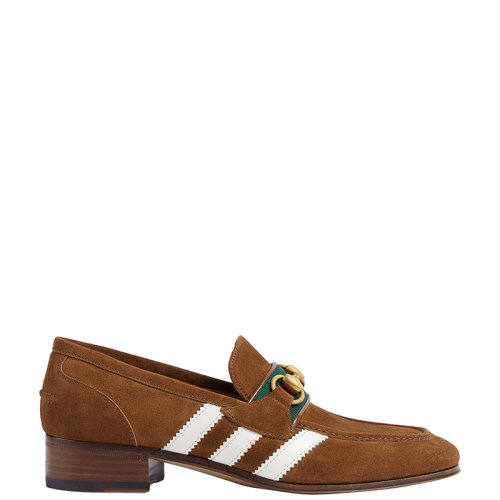 GUCCI/古馳 22年秋冬新款 adidas聯(lián)名系列 女士淺棕色絨面材質(zhì)三條紋鑲飾配馬銜扣樂福鞋7022841DPM02860