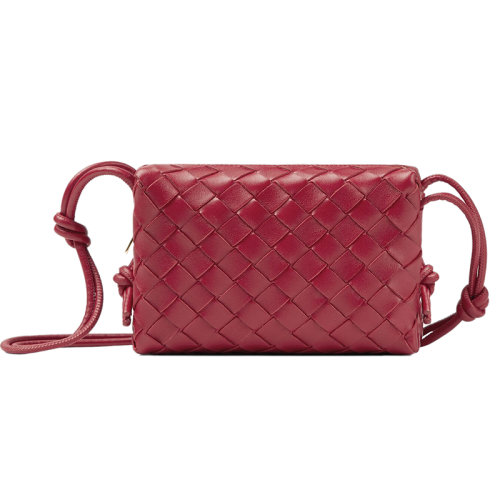 Bottega Veneta/葆蝶家 22新款 女士迷你蘋果紅羔羊皮Intrecciato圖案拉鏈開合單肩斜挎相機包680254V1G116390