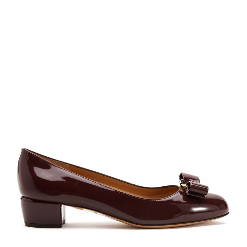Salvatore Ferragamo/菲拉格慕 VARA蝴蝶結漆皮中跟鞋 酒紅色 女士中跟鞋