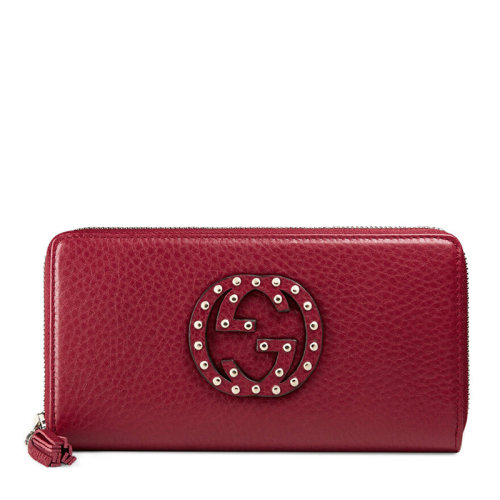 GUCCI/古馳 女士紅色長款雙G logo標志飾釘拉鏈式錢包