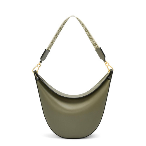 LOEWE/羅意威 22春夏新款LUNA系列 女士牛油果綠牛皮革壓紋徽標金扣配可拆卸老花印花織物肩帶單肩手提腋下新月hobo流浪包A923PL9X07-3949