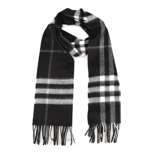 BURBERRY/博柏利 男女同款 中性黑色羊毛經(jīng)典格紋印花時(shí)尚流蘇裝飾圍脖圍巾 8015537
