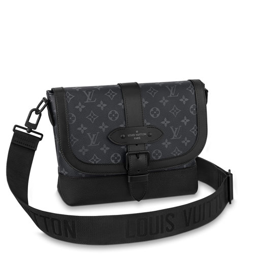 Louis Vuitton/路易威登 經典款SAUMUR系列 男士黑色老花帆布皮革飾邊配徽標織物肩帶單肩斜跨郵差包M45911
