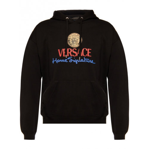 VERSACE/范思哲 男士黑色棉質經典字母徽標美杜莎頭像裝飾長袖上衣衛衣連帽衫套頭衫 A86022-A231242-A1690